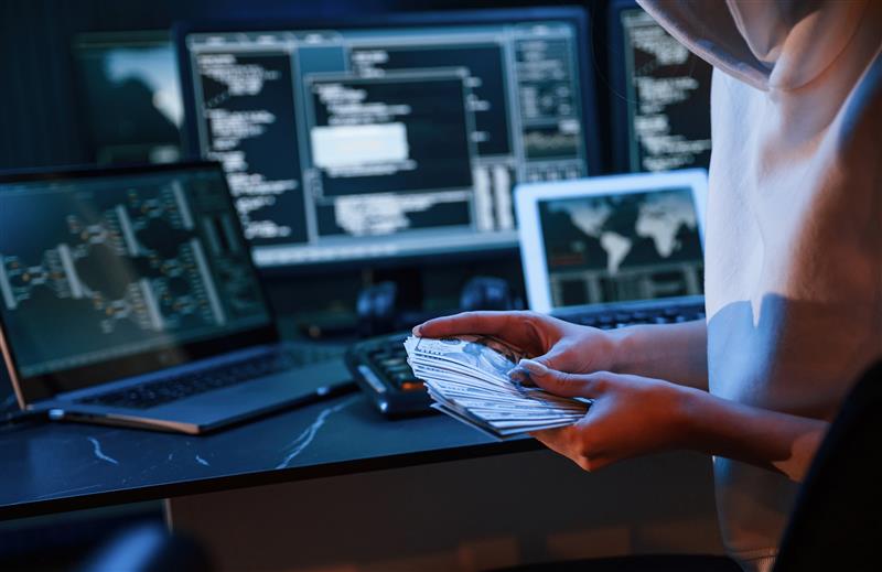 A young professional female hacker is indoors by computer
