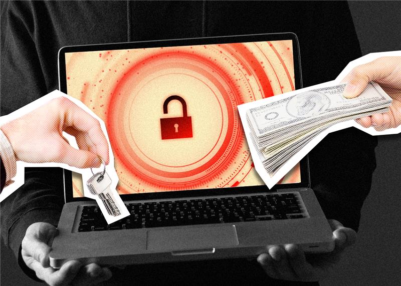 Laptop with open lock on screen, hands exchanging cash and keys, suggesting a transaction. Red and orange circular pattern background.